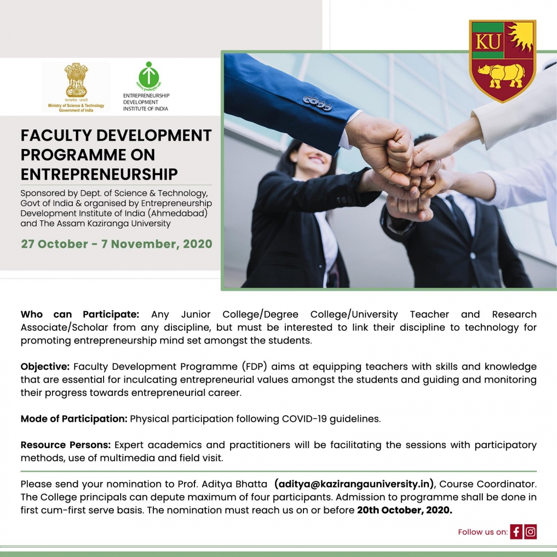 Faculty Development Programme on "ENTREPRENEURSHIP"  sponsored by the Department of Science &amp; Technology, Govt. of India.
